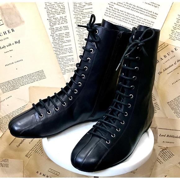 Free People Boxing Day Lace Up Flat Boot Black Leather Inside Zipper - Picture 6 of 9